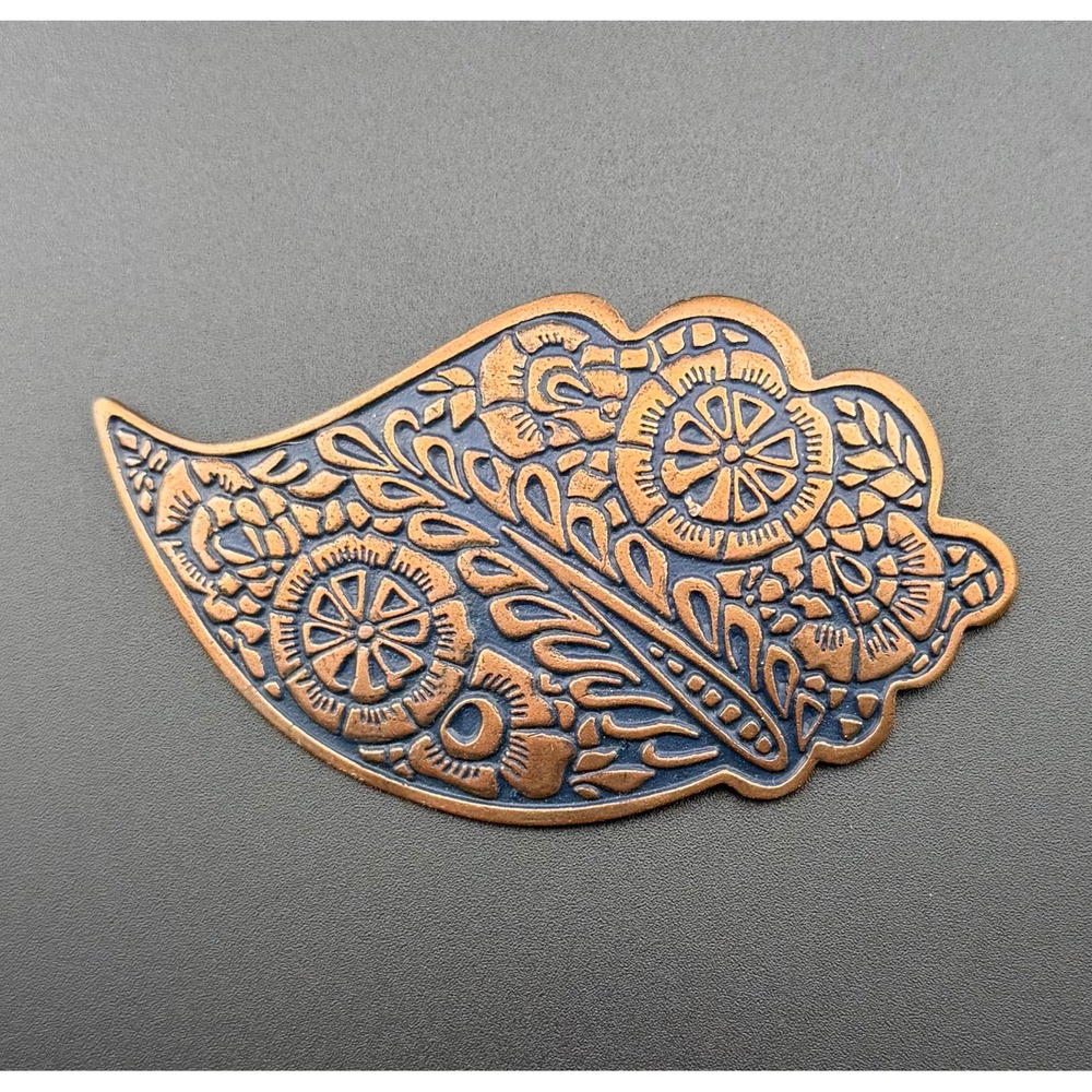 Copper Tone Paisley Floral Brooch Pin Textured Etched Vintage Boho Bohemian